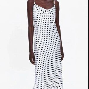 Zara White Silk Satin Polka Dot Sleeveless Cowl Neck Cami Camisole Midi Slip